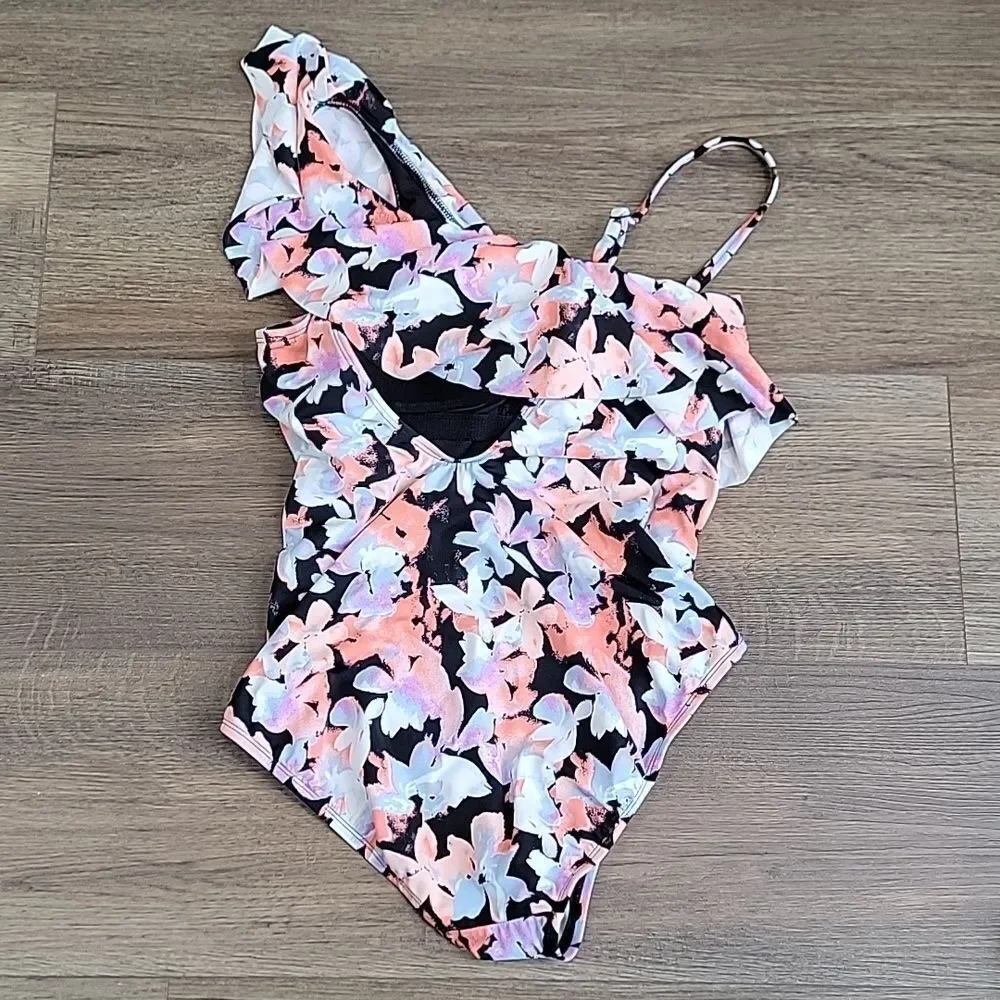 Time and Tru One-Piece Watercolor Splash Floral Swimsuit Womens Size L